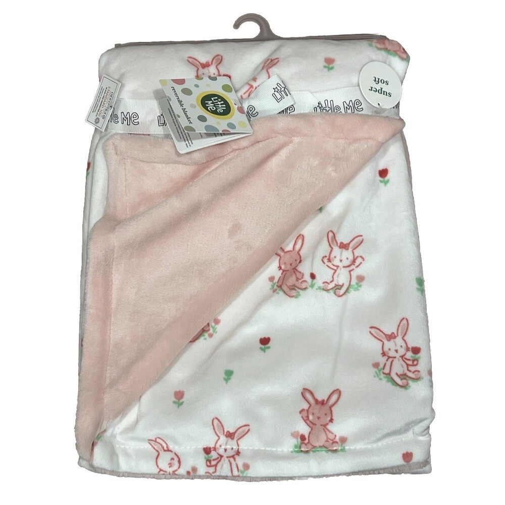 Little Me Baby Blanket Pink Bunny Tulips 2 Layer Soft Reversible Holiday New